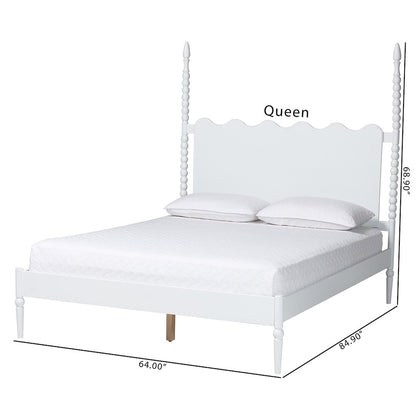 Platform Bed Frame with Scalloped Headboard and Turned Posts, White, King