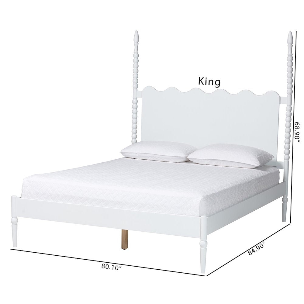 Platform Bed Frame with Scalloped Headboard and Turned Posts, White, King