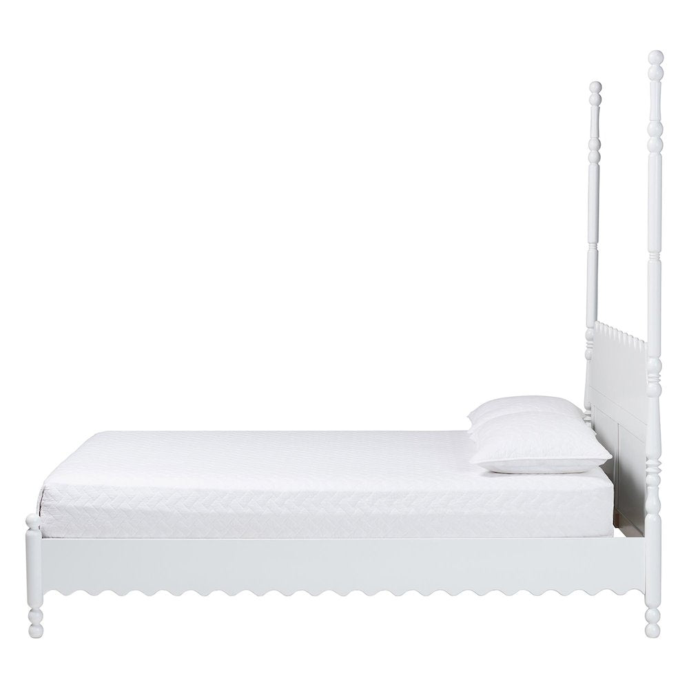 Platform Bed Frame with Scalloped Design and Turned Posts, White, King