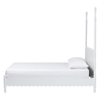 Platform Bed Frame with Scalloped Design and Turned Posts, White, King