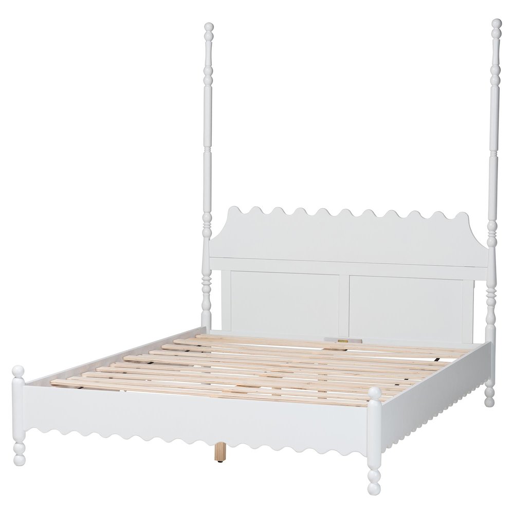 Platform Bed Frame with Scalloped Design and Turned Posts, White, King