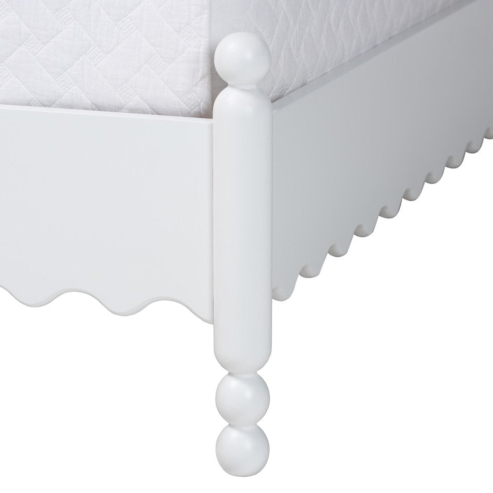 Platform Bed Frame with Scalloped Design and Turned Posts, White, King