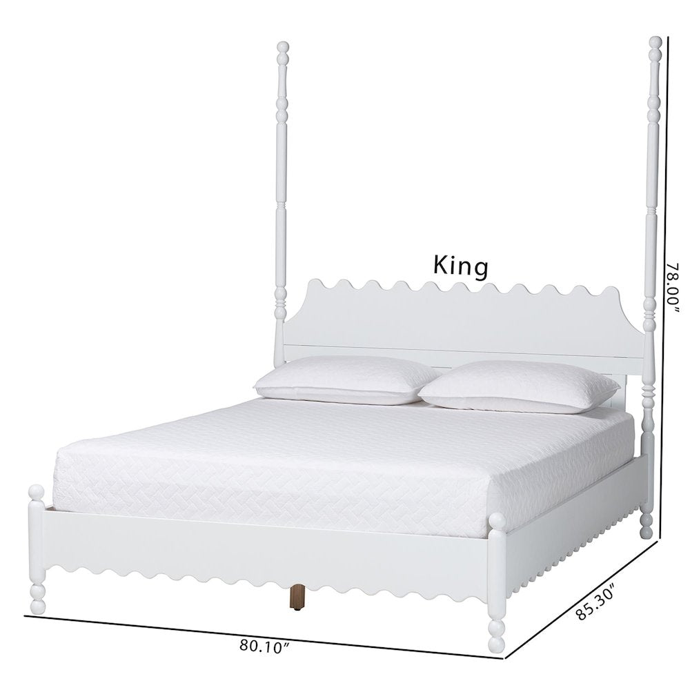 Platform Bed Frame with Scalloped Design and Turned Posts, White, King
