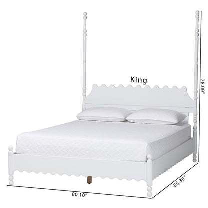Platform Bed Frame with Scalloped Design and Turned Posts, White, King