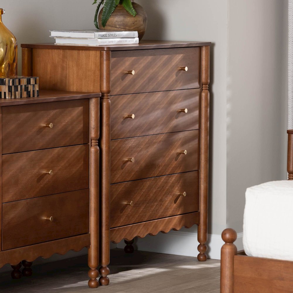 4-Drawer Storage Cabinet with Scalloped Apron and Turned Legs, Walnut Brown