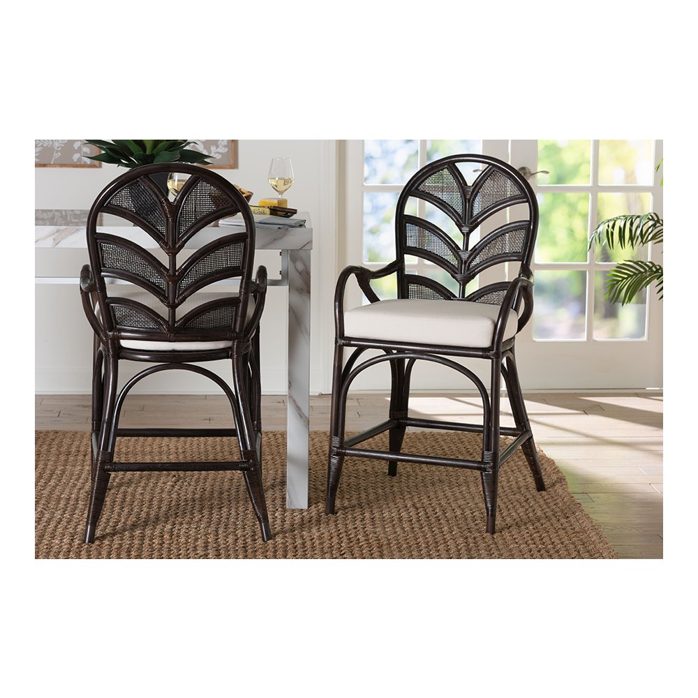 Niven Rattan Counter Stool with Banana Leaf Backrest and Cushion
