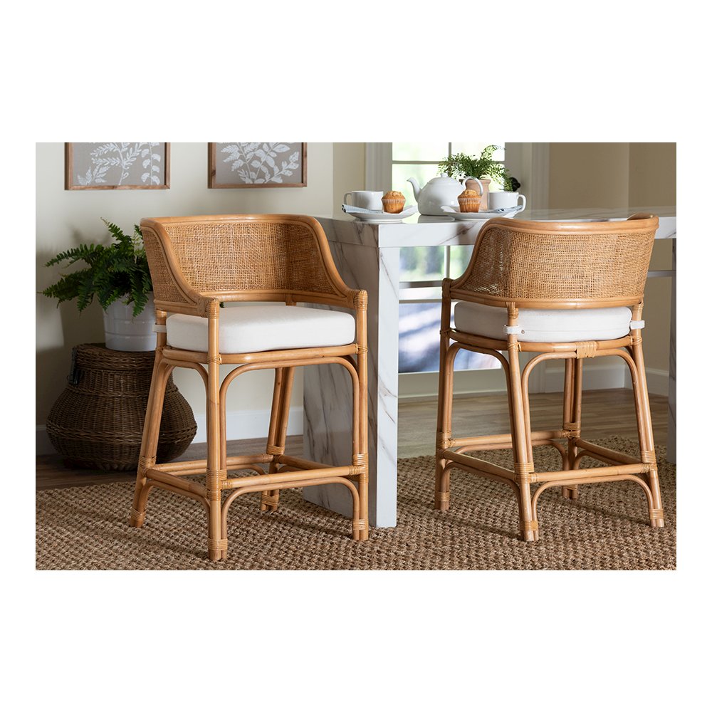 Ottis Rattan Counter Stool with Cushion and Integrated Footrest
