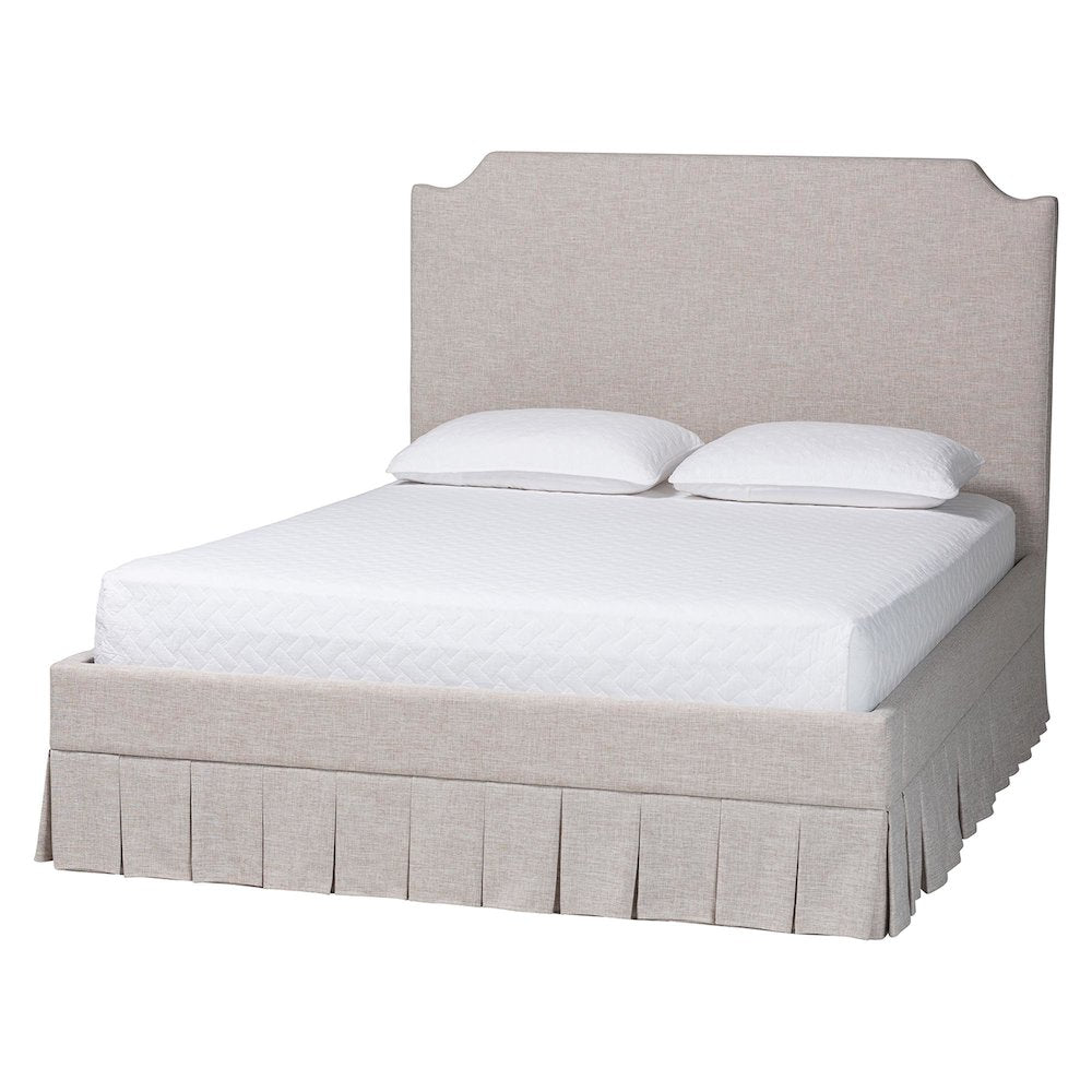 Platform Bed with Pleated Skirt, Upholstered Bed Frame, Panel Headboard, King