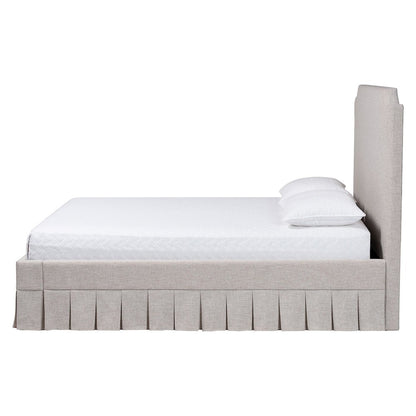 Platform Bed with Pleated Skirt, Upholstered Bed Frame, Panel Headboard, King