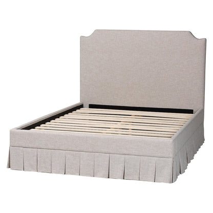 Platform Bed with Pleated Skirt, Upholstered Bed Frame, Panel Headboard, King