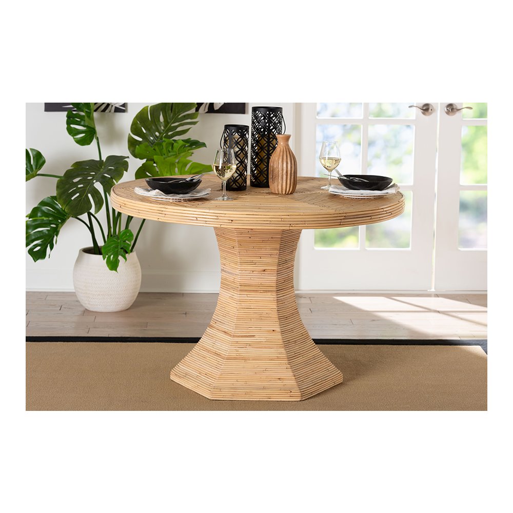 Benito Rattan Dining Table with Hourglass Pedestal Base, Handcrafted
