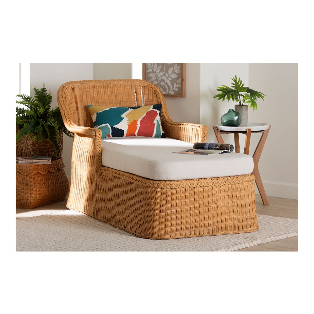 Cesar Rattan Chaise Lounge Chair with Rounded Backrest and Cushion