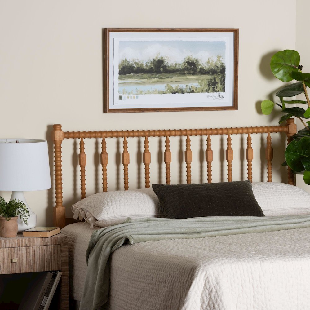 Juliette Turned Spindle Headboard - Spoke Design, Farmhouse, Queen, Oak Brown