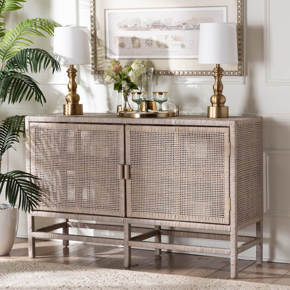 2-Tier Wicker Accent Cabinet with Double Doors and Elevated Base, French Grey