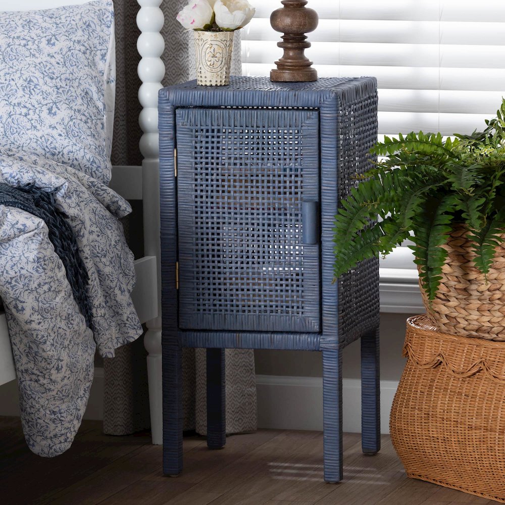 Wicker Accent Bedside Table with Interior Shelving and Elevated Base, Navy Blue