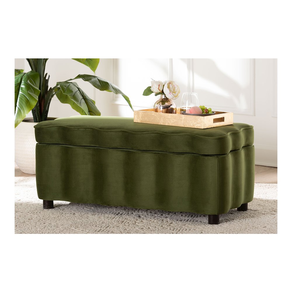 Baxton Studio Paulina Velvet Storage Bench, Scalloped, Moss Green