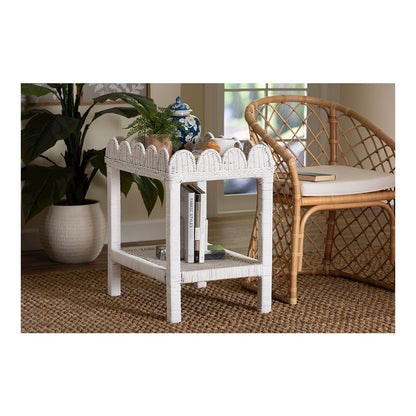 Sumana Rattan Side Table with Scalloped 2-Tier Tray Top, White