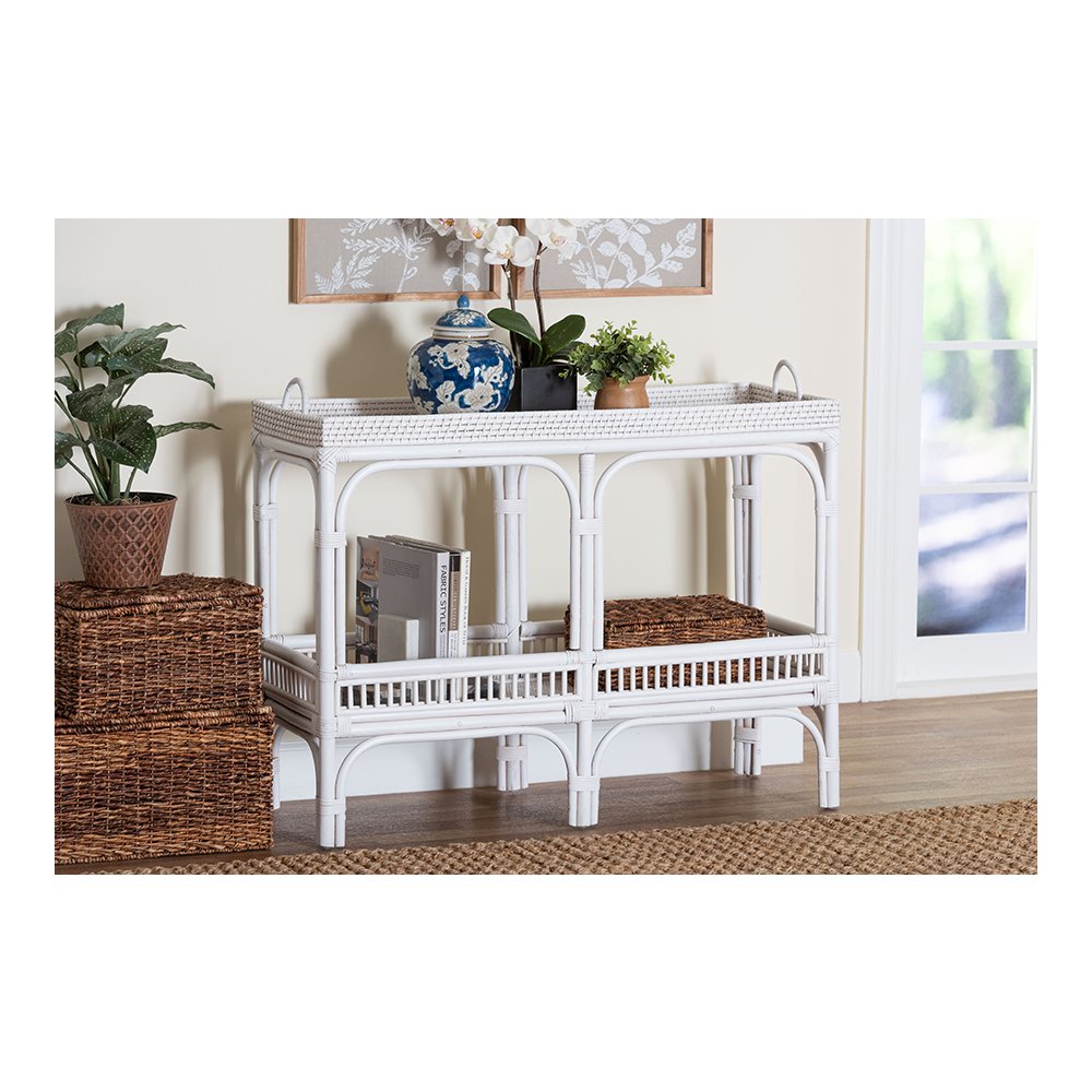 Lombok Rattan Console Table with Raised 2-Tier Tray Top, White