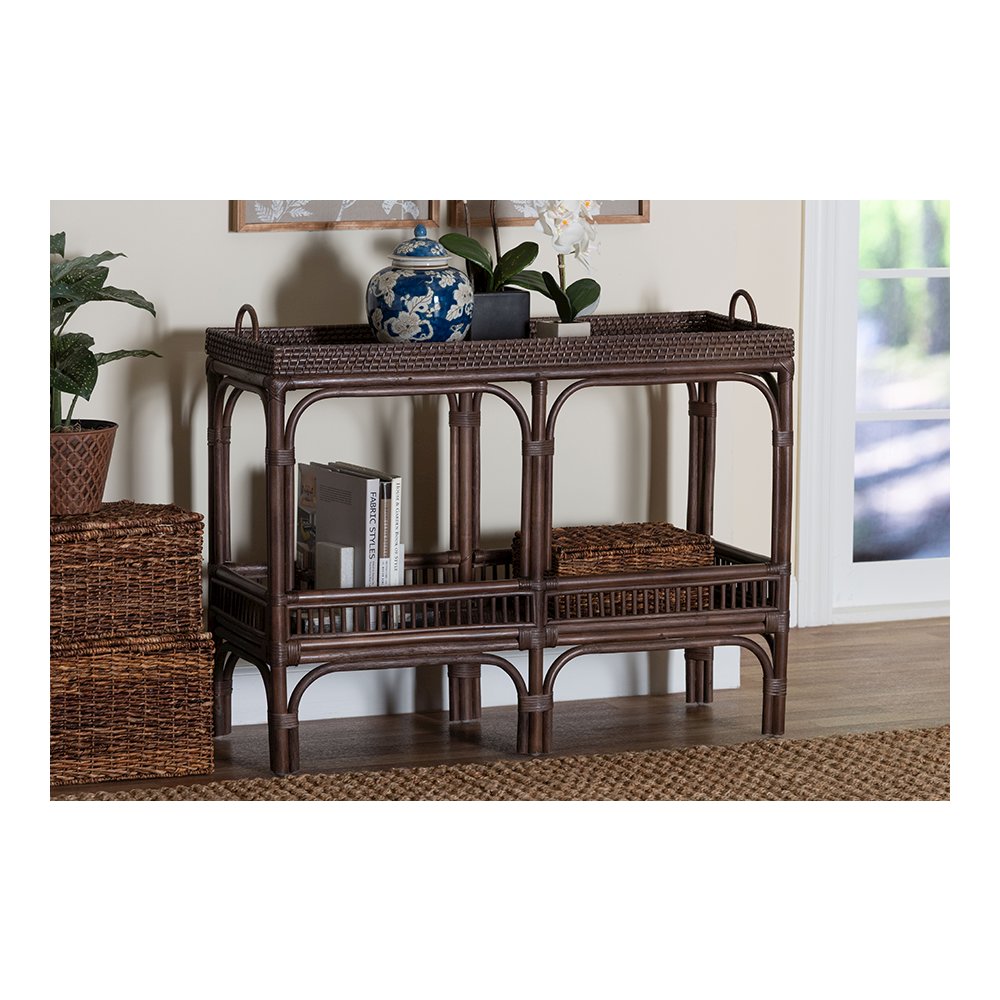 Lombok Rattan Console Table with Raised 2-Tier Tray Top, Espresso