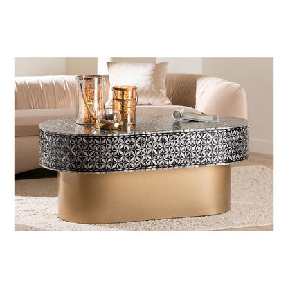 Emery Capiz Shell Coffee Table with Geometric Pattern, Oval Pedestal