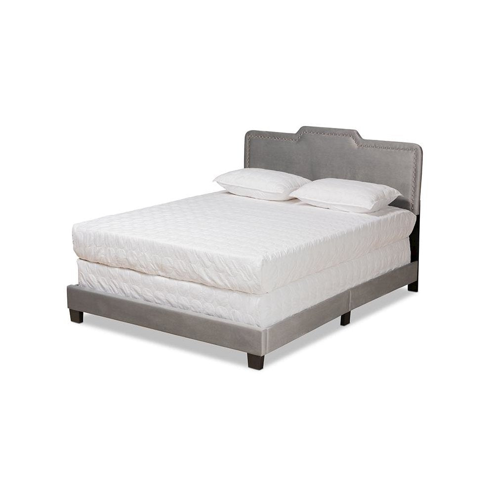 Glam Grey Velvet Fabric Upholstered Queen Size Panel Bed