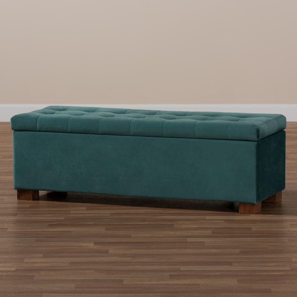 Baxton Studio Roanoke Modern and Contemporary Teal Blue Velvet Fabric Upholstered Grid-Tufted Storage Ottoman Bench