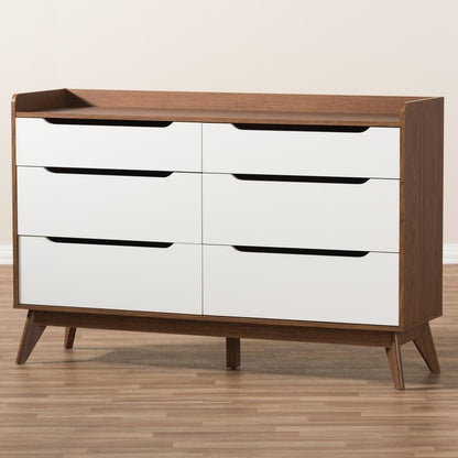 Brighton Mid-Century Modern White and Walnut Wood 6-Drawer Storage Dresser