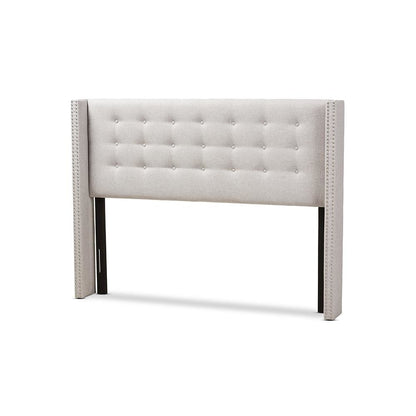 Greyish Beige Fabric Button-Tufted Nail head Queen Size Winged Headboard