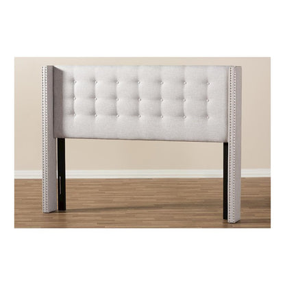 Greyish Beige Fabric Button-Tufted Nail head Queen Size Winged Headboard