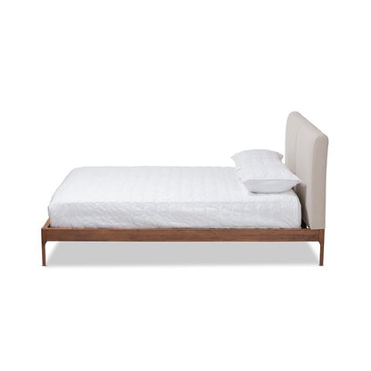 Mid-Century Modern Beige Fabric Upholstered Full Platform Bed with Walnut Finish