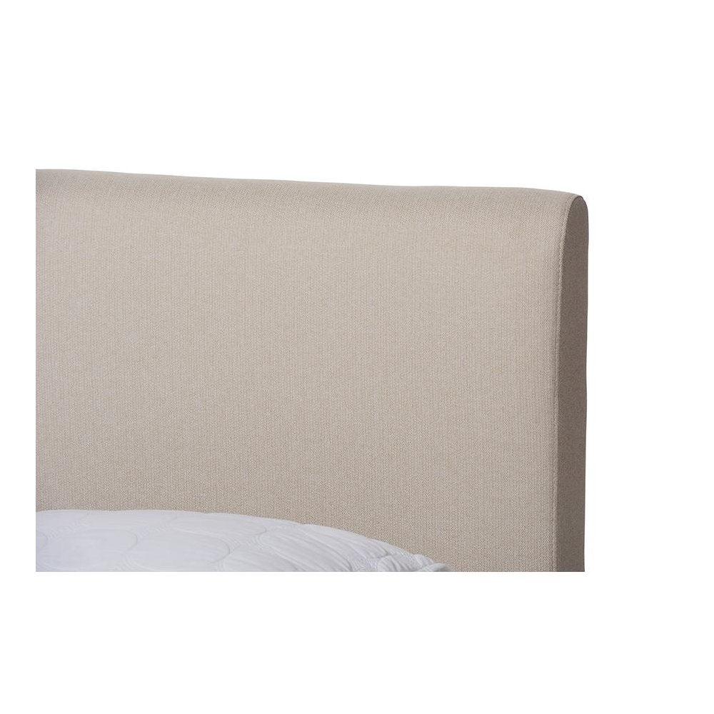 Mid-Century Modern Beige Fabric Upholstered Full Platform Bed with Walnut Finish