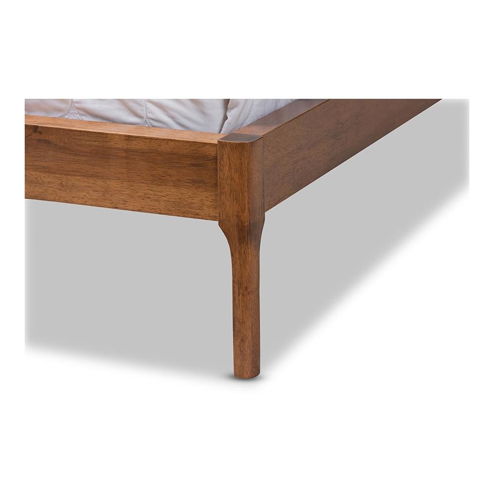 Mid-Century Modern Beige Fabric Upholstered Full Platform Bed with Walnut Finish
