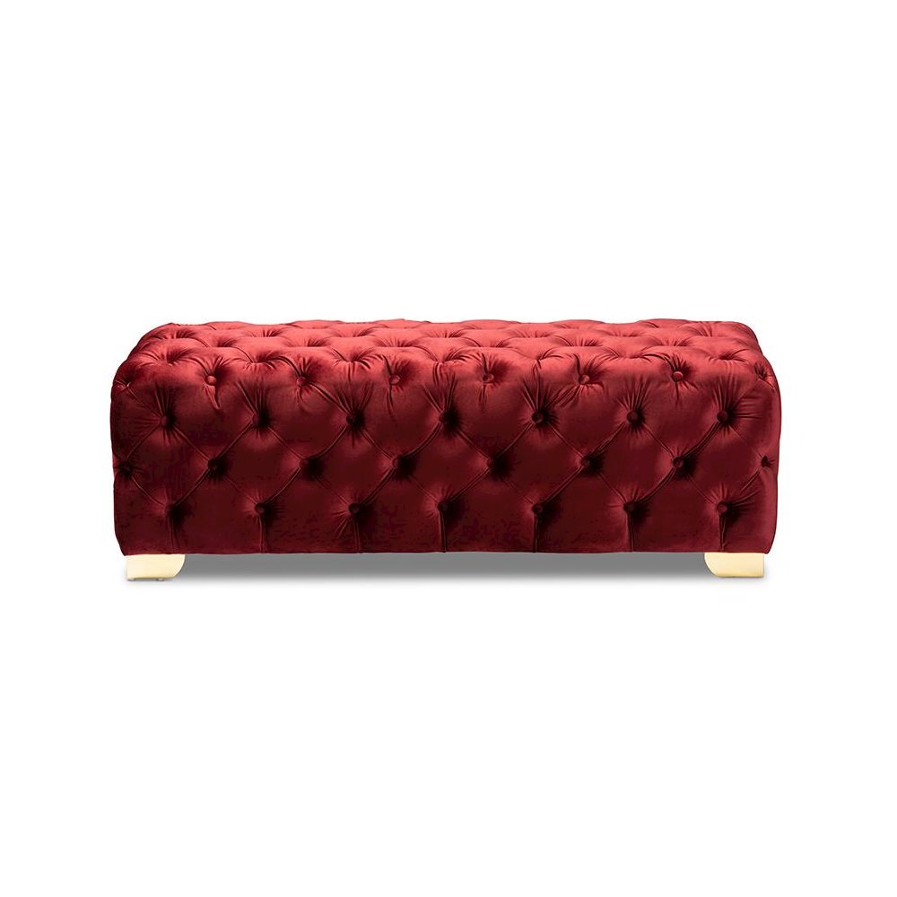 Baxton Studio Avara Glam and Luxe Burgundy Velvet Fabric Upholstered Gold Finished Button Tufted Bench Ottoman