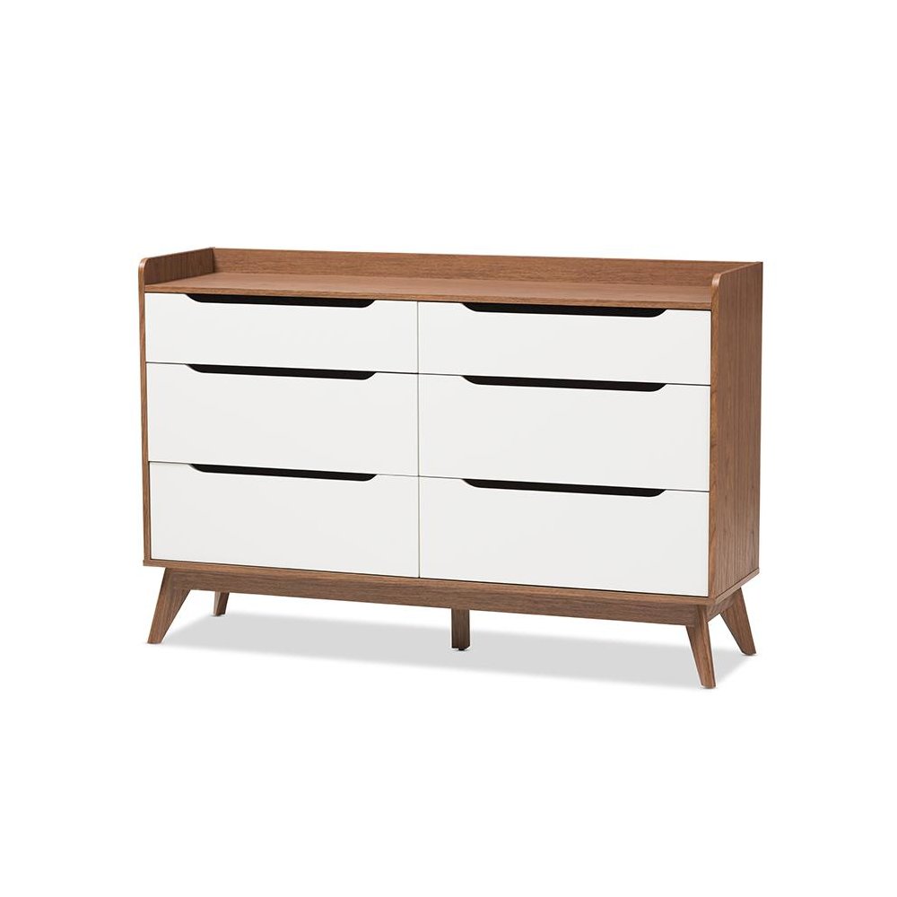 Brighton Mid-Century Modern White and Walnut Wood 6-Drawer Storage Dresser
