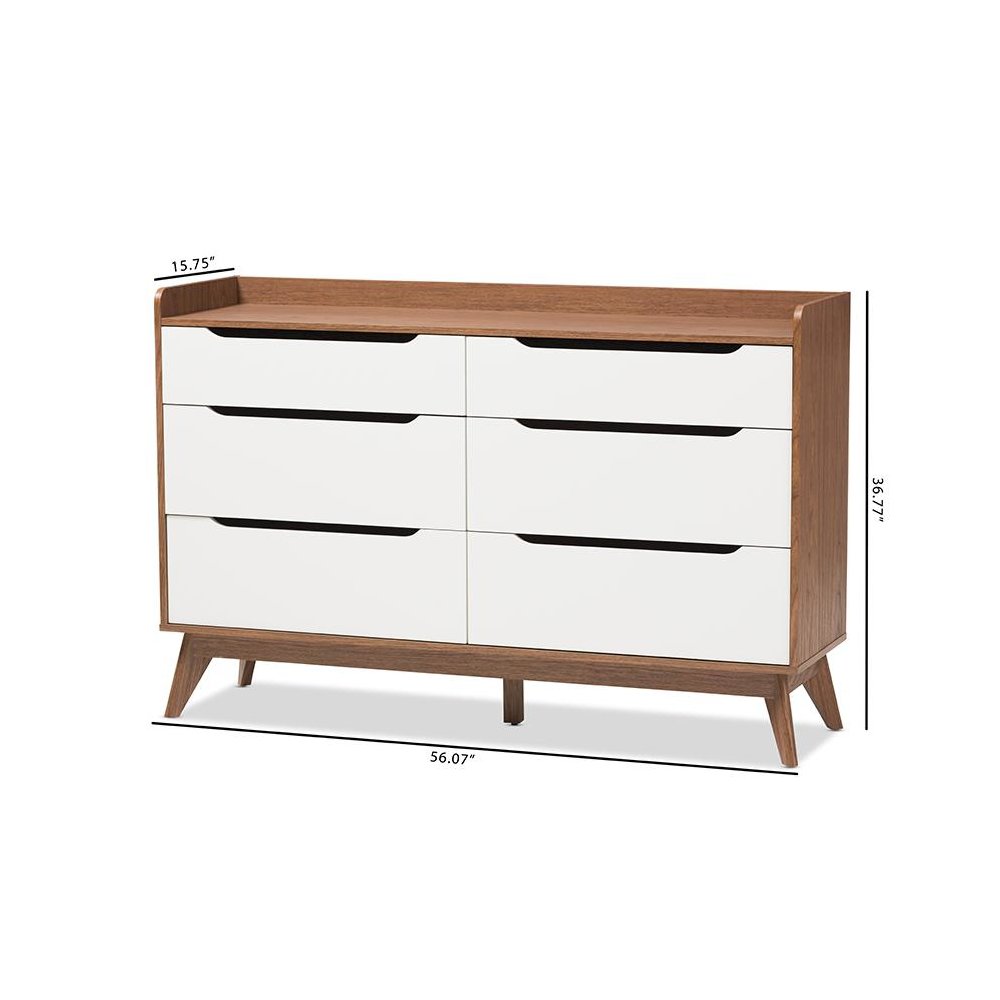 Brighton Mid-Century Modern White and Walnut Wood 6-Drawer Storage Dresser