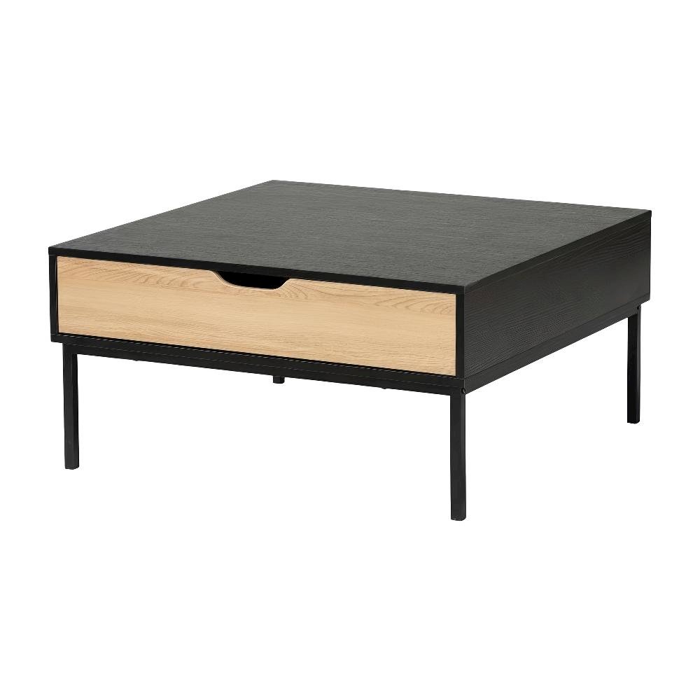 Two-Tone Oak Brown and Black Coffee Table with Metal Legs and Modern Design