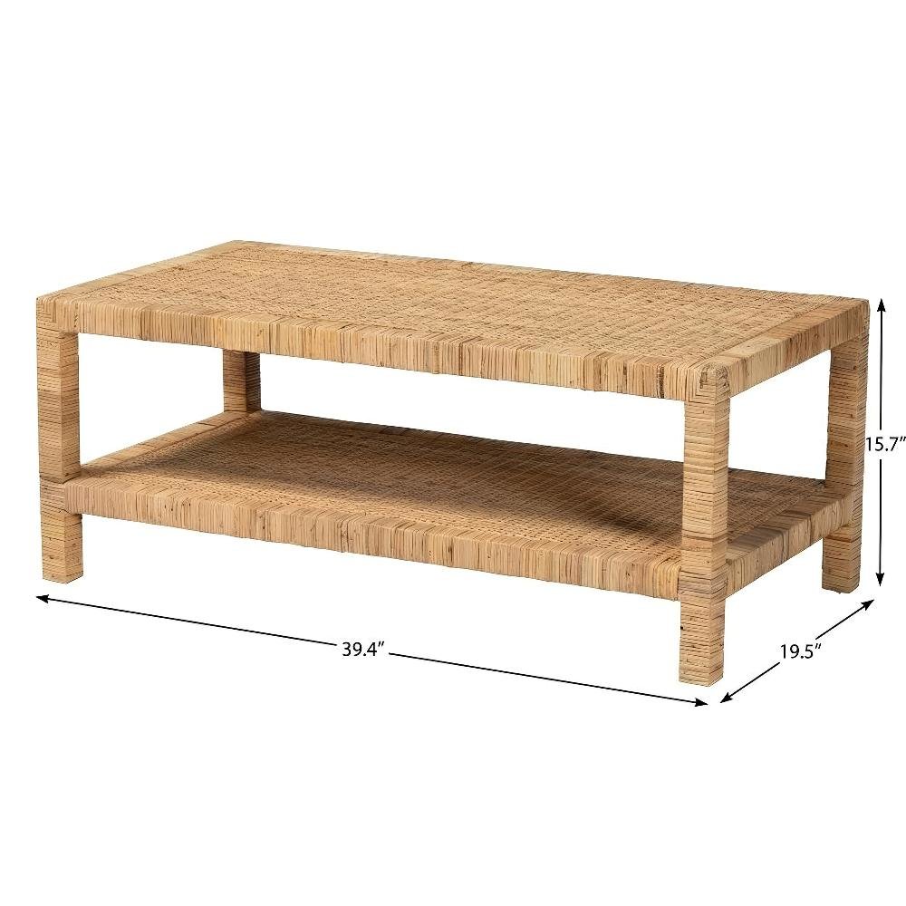 Light Honey Rattan and Mahogany Wood Coffee Table with Rattan-accent Frame