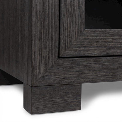 Contemporary Brown Wood TV Stand with Glass Doors and Elegant Finish