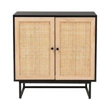 Wood And Rattan 2-Door Storage Cabinet With Mid-Century Style