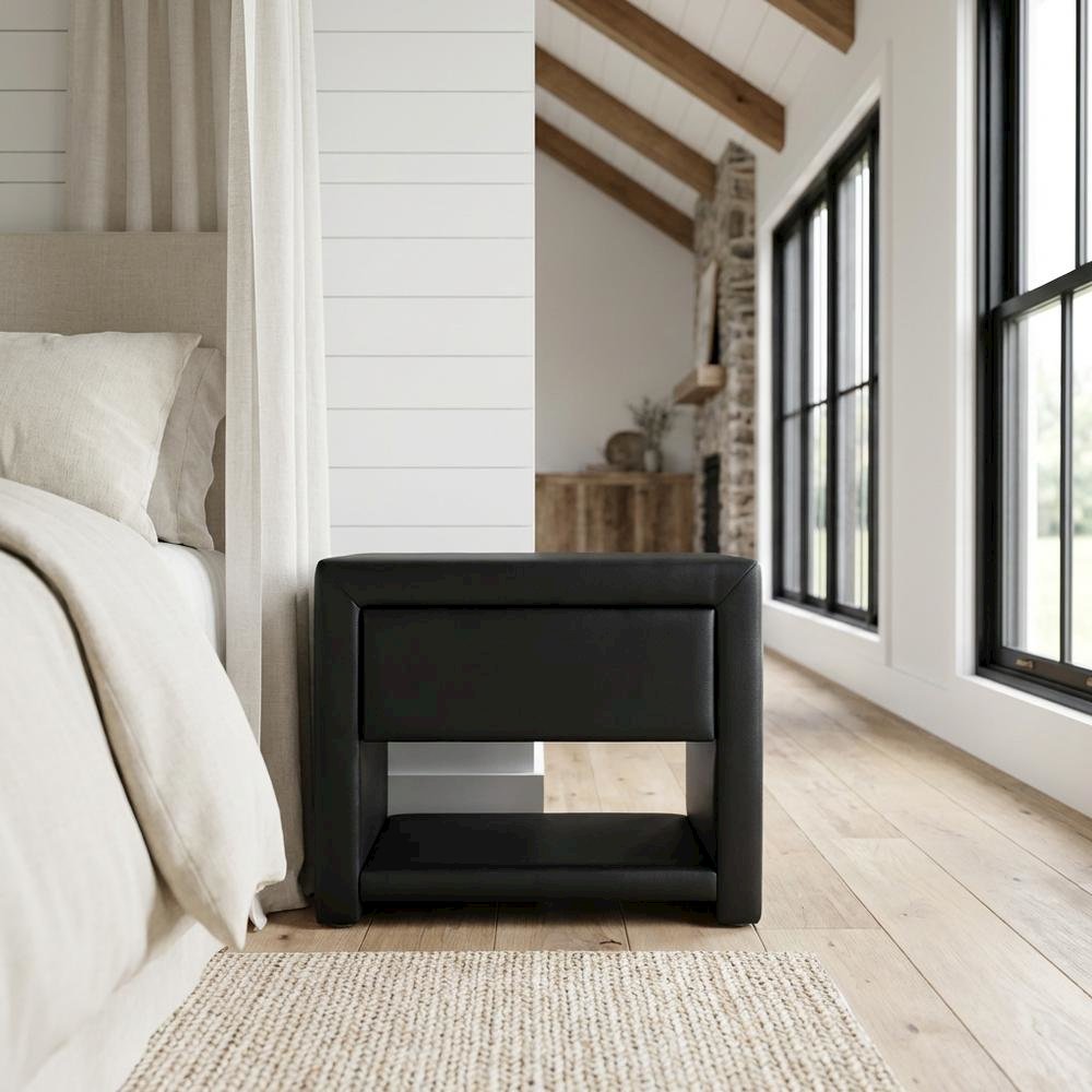 Black Upholstered Nightstand with Faux Leather and Wood Finish