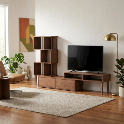 Modern TV Stand with Black Finish, Spacious Storage and Open Shelves