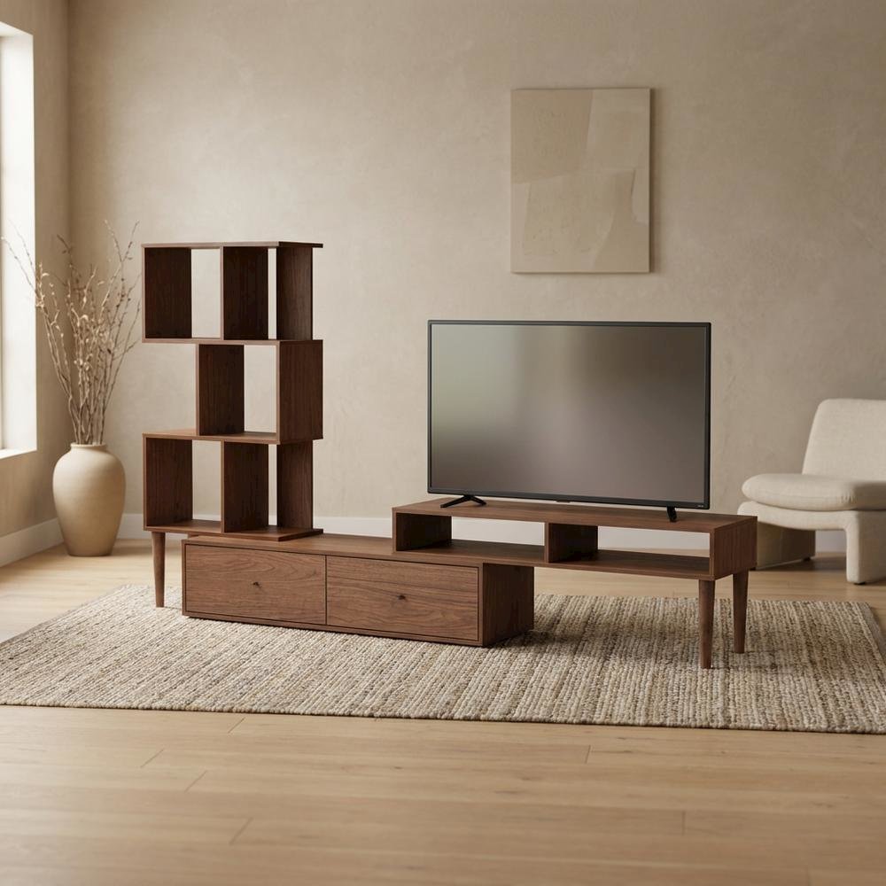 Modern TV Stand with Black Finish, Spacious Storage and Open Shelves