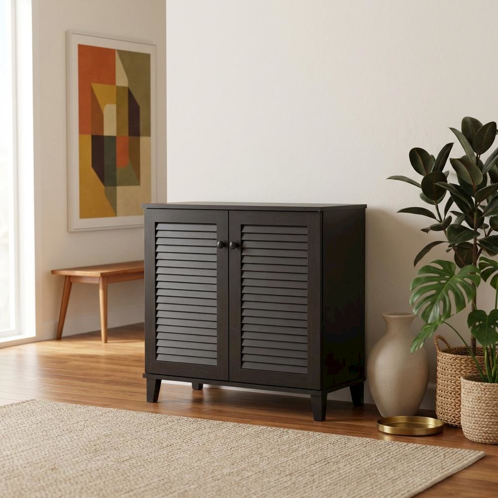 Brown Enclosed Shoe Cabinet, Engineered Wood, Espresso Finish, Entryway