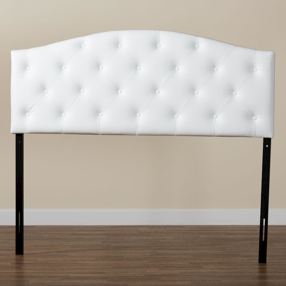 Queen Size White Faux Leather Upholstered Button-tufted Scalloped Headboard