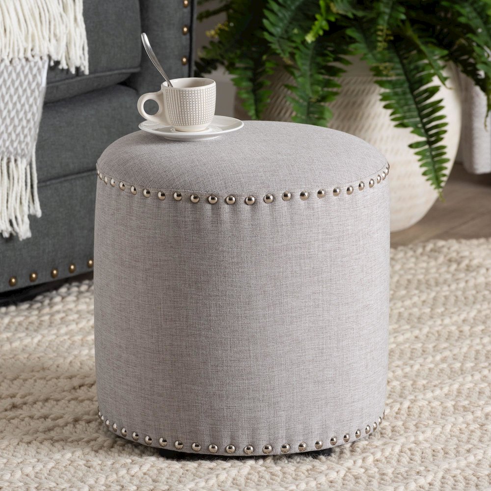 Rosine Modern and Contemporary Light Grey Fabric Upholstered Nail Trim Ottoman