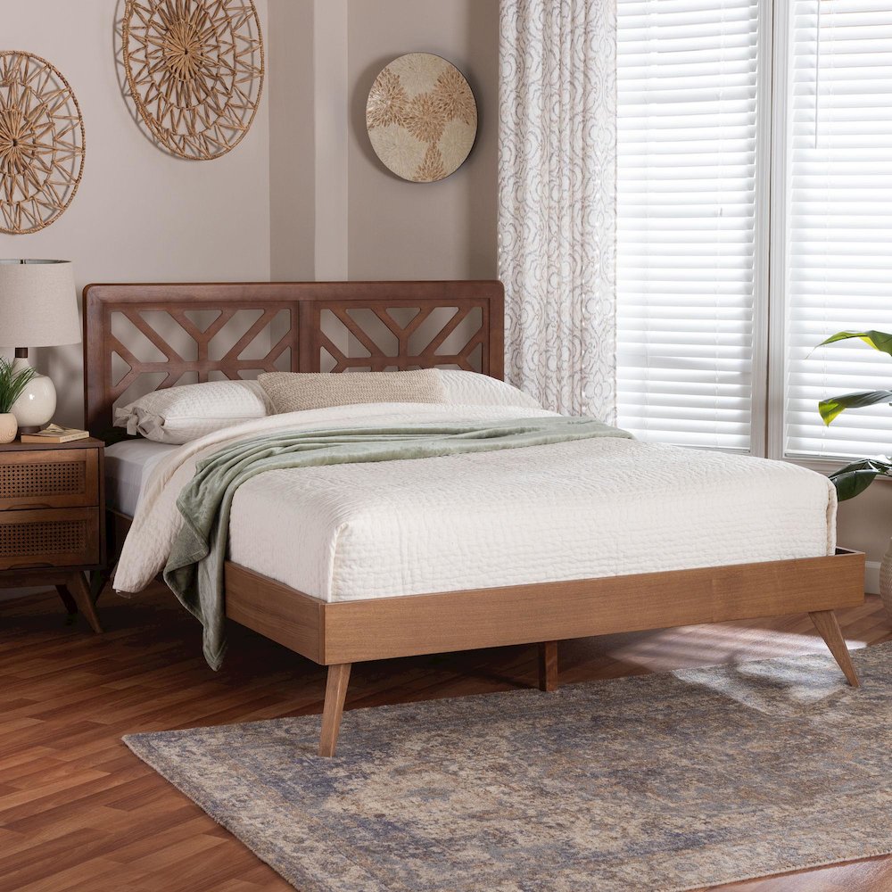 Kirabo Platform Bed - Mid-Century Modern Bed with Cutout Headboard, Queen