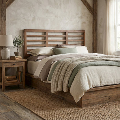 Walnut Brown Rubberwood Queen Headboard with Open Slat Design Mid-Century Style