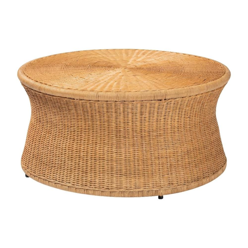 Genuine Rattan Round Coffee Table with Handwoven Wicker Drum Shape