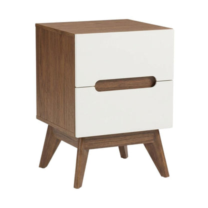 Mid-Century Modern Nightstand with White and Walnut Finish, 3-Drawer Storage