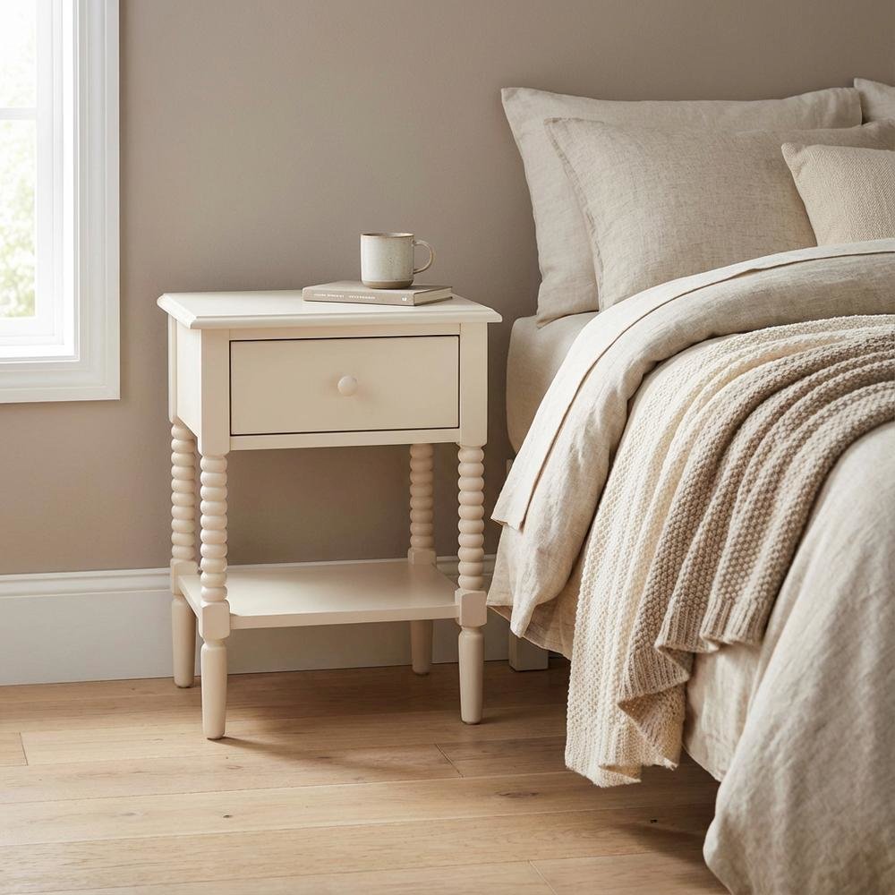 Ivory Farmhouse Nightstand with Spindle Wood Finish and Single Drawer